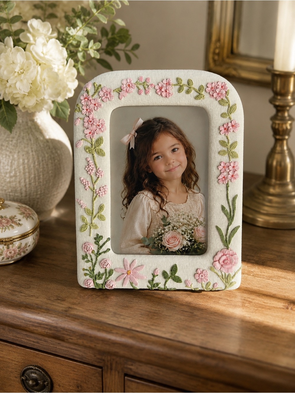 Floral Embroidered Pink & Green Photo Frame by